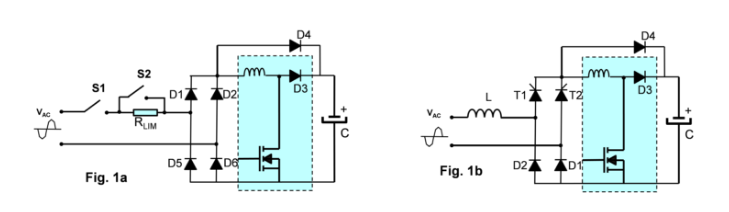 基于電阻器和繼電器的電涌限流充電機電路 （a）和基于混合整流橋的電涌限流充電機電路（b）